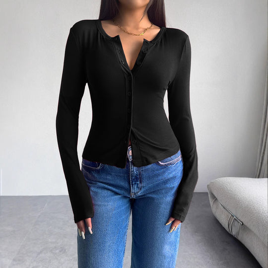 Damen Langarmshirt mit modischer Knopfleiste und figurschmeichelndem Schnitt Heidi-Mode