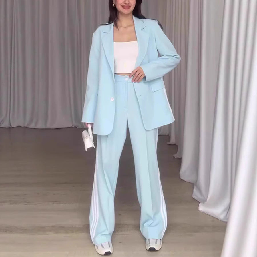 Damen Modisches Blazer-Hosen-Set mit kontrastierenden Streifen Heidi-Mode
