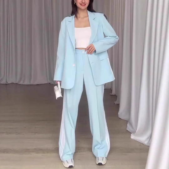 Damen Modisches Blazer-Hosen-Set mit kontrastierenden Streifen Heidi-Mode