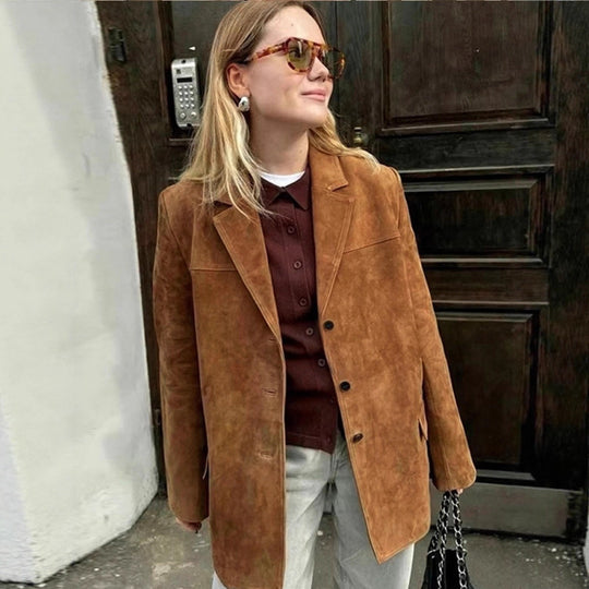 Damen klassische Blazerjacke aus weichem Material mit aufgesetzten Taschen Heidi-Mode