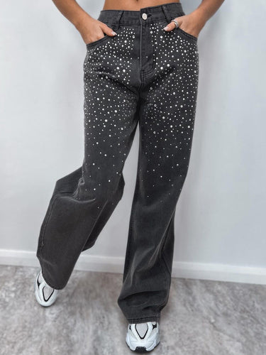 Damen Denim-Hose mit funkelnden Strass-Applikationen Heidi-Mode