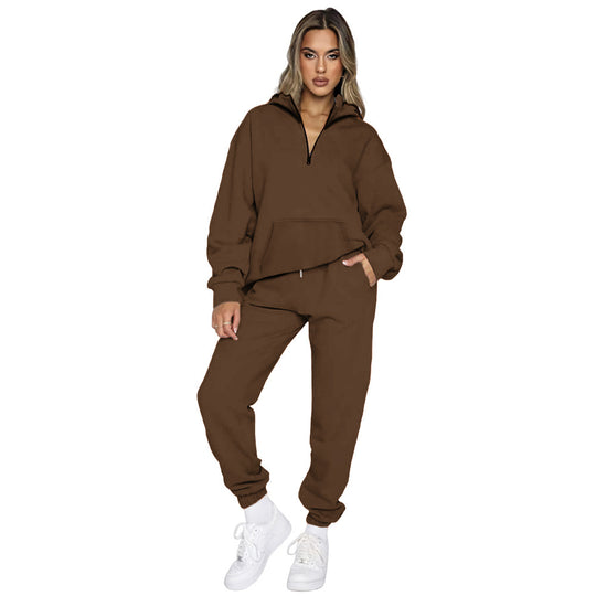 Damen gemütlicher Two-Piece Sweatsuit mit halbem Reißverschluss und praktischen Taschen Heidi-Mode