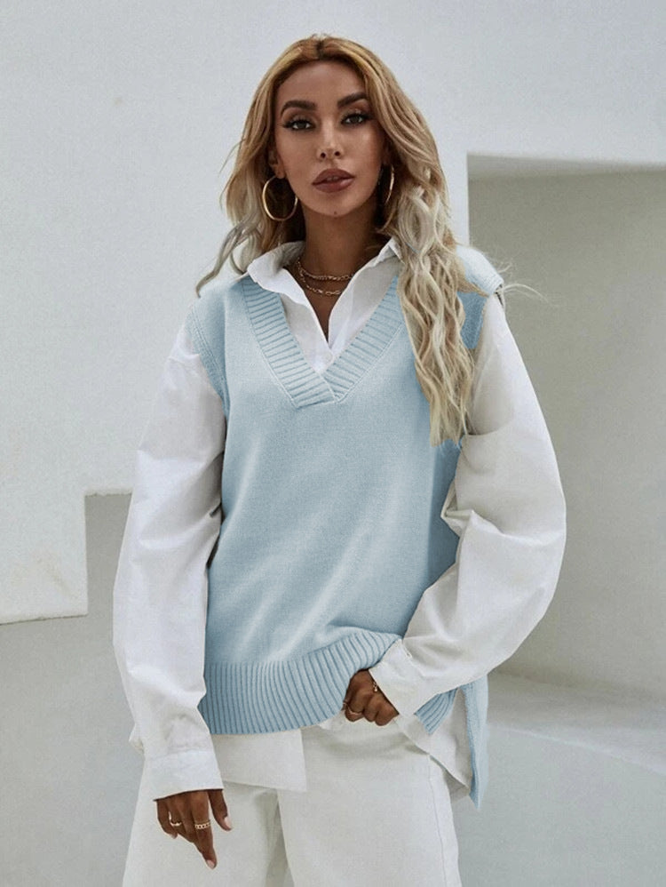 Damen Strickweste mit V-Ausschnitt und eleganter Rippenstruktur Heidi-Mode