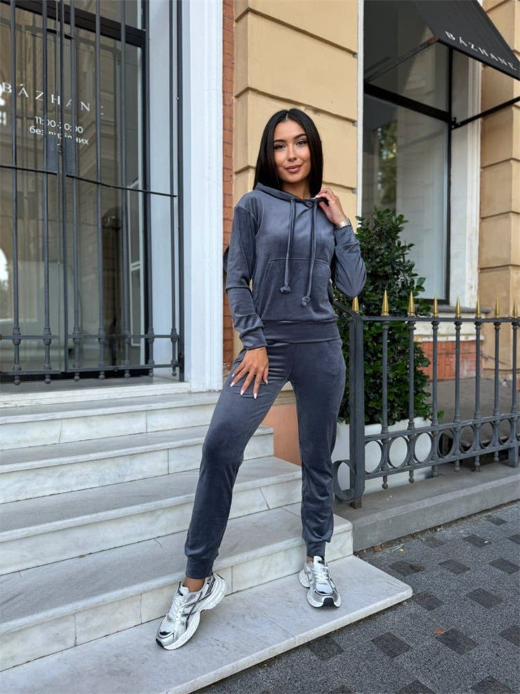 Damen sportlicher Velours-Jogginganzug mit Kapuze und elastischem Bund Heidi-Mode
