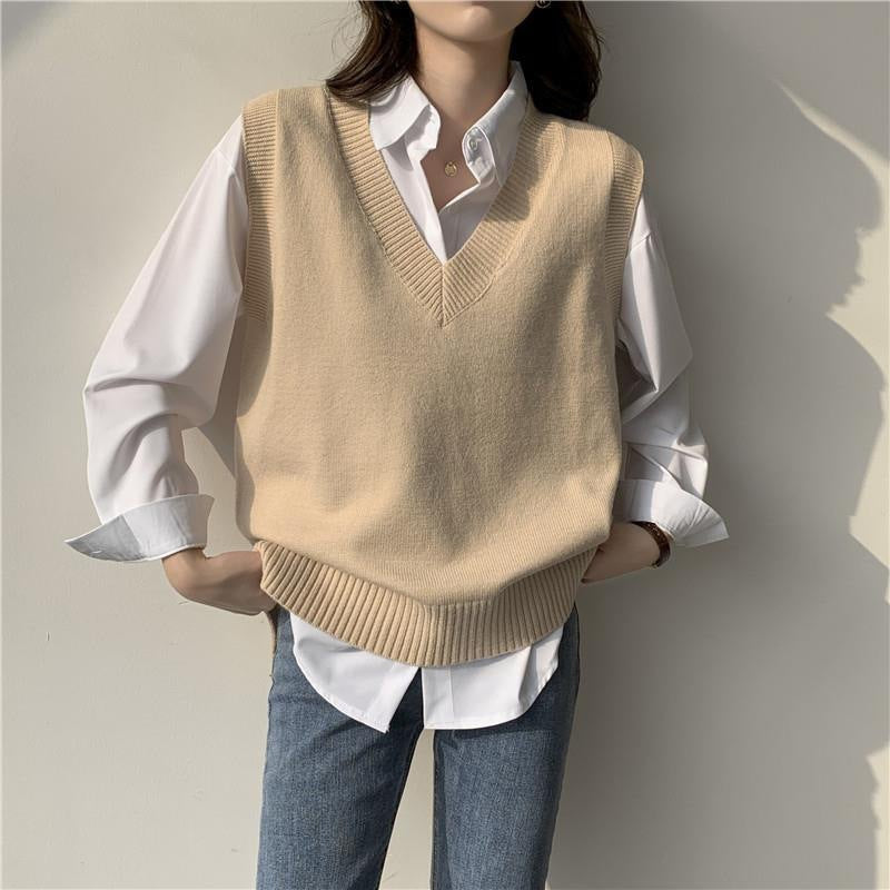Damen Ärmellose Strickweste mit V-Ausschnitt und Rippdetails Heidi-Mode