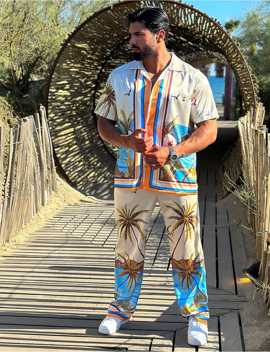 Herren Strandhemd und Hose im tropischen Palmen-Design mit kurzärmligem Schnitt Heidi-Mode