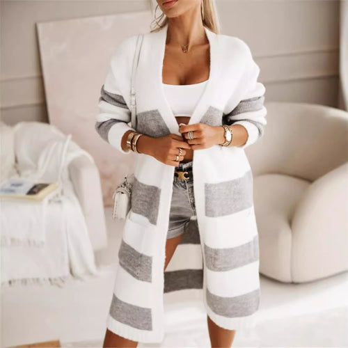 Damen lässiger Strickmantel mit großen Streifen Heidi-Mode