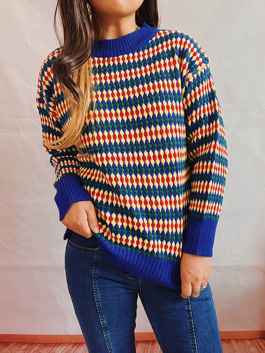 Damen lässiger Strickpullover mit buntem Rautenmuster und Rundhalsausschnitt Heidi-Mode