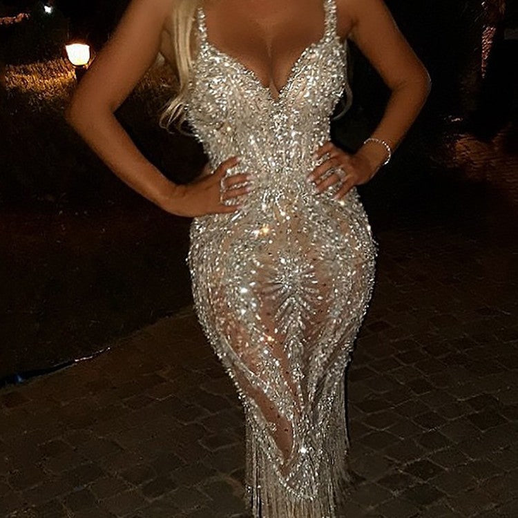 Damen glamouröses Abendkleid mit funkelnden Pailletten und fransigen Details Heidi-Mode