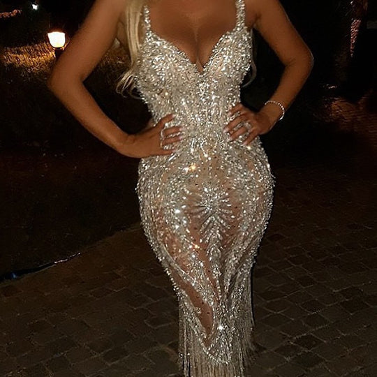 Damen glamouröses Abendkleid mit funkelnden Pailletten und fransigen Details Heidi-Mode