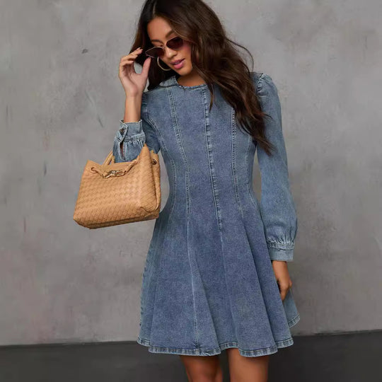 Damen Jeanskleid mit hohem Kragen und Puffärmel Heidi-Mode