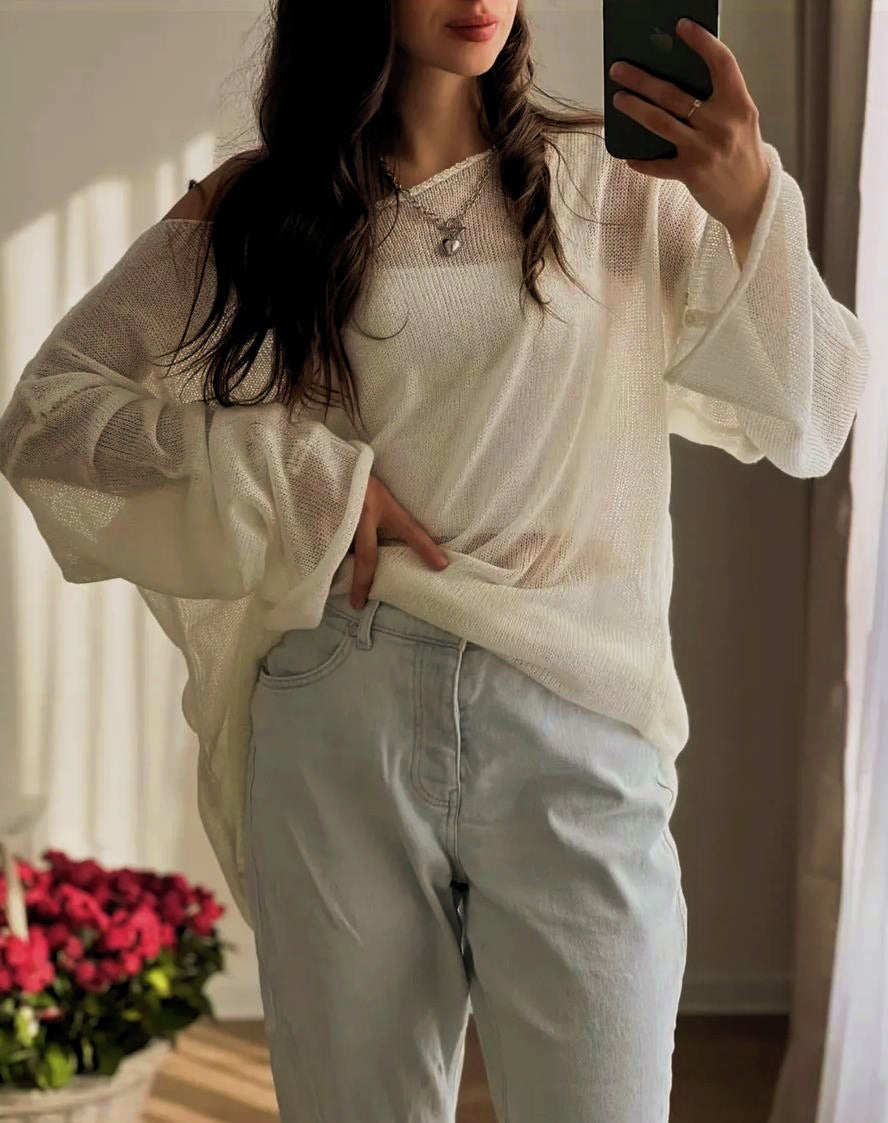 Damen luftiger Oversize-Strickpullover mit weitem Schnitt und transparentem Gewebe Heidi-Mode