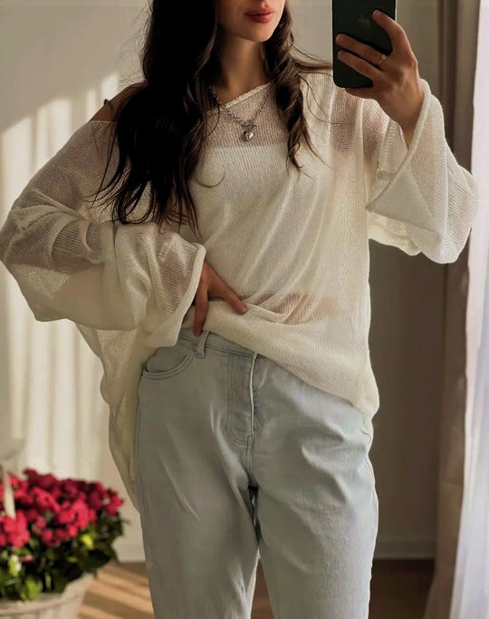 Damen luftiger Oversize-Strickpullover mit weitem Schnitt und transparentem Gewebe Heidi-Mode