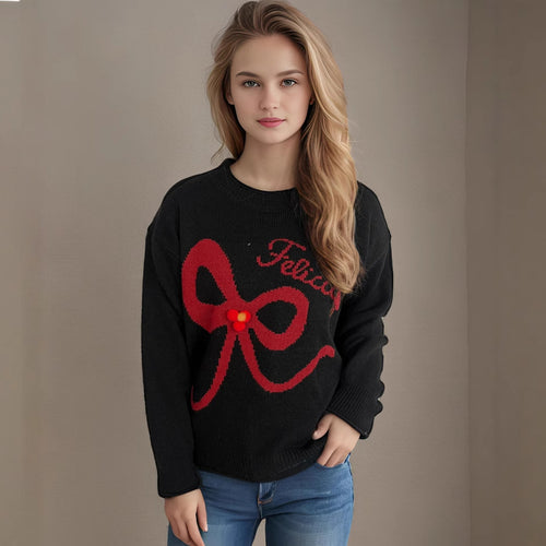 Damen kuscheliger Pullover mit verspielt gestalteter Schleifenapplikation Heidi-Mode