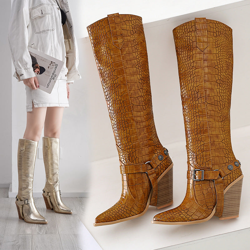Damen kniehohe Stiefel mit Krokodilprägung und Blockabsatz Heidi-Mode