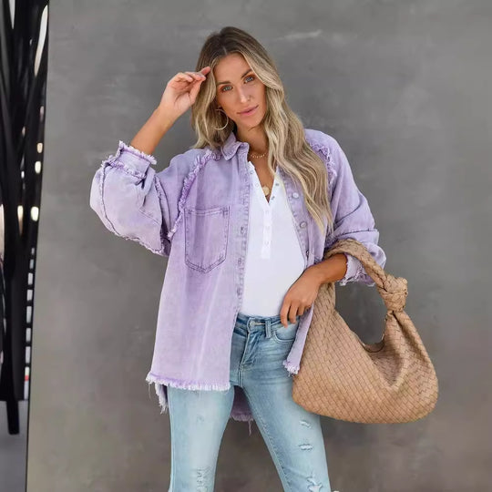 Damen Lässige und stylische Jeansbluse mit Fransen Heidi-Mode
