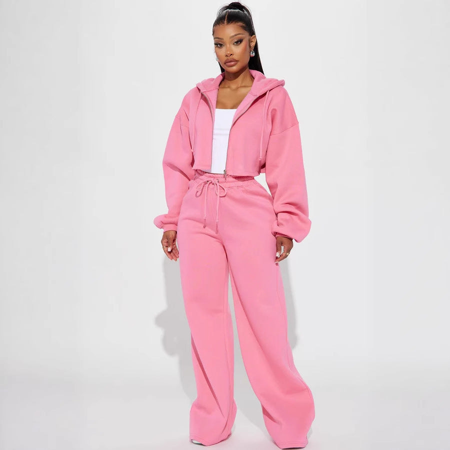 Damen Sportliches Fleece-Set mit cropped Hoodie und weitem Schnitt Heidi-Mode