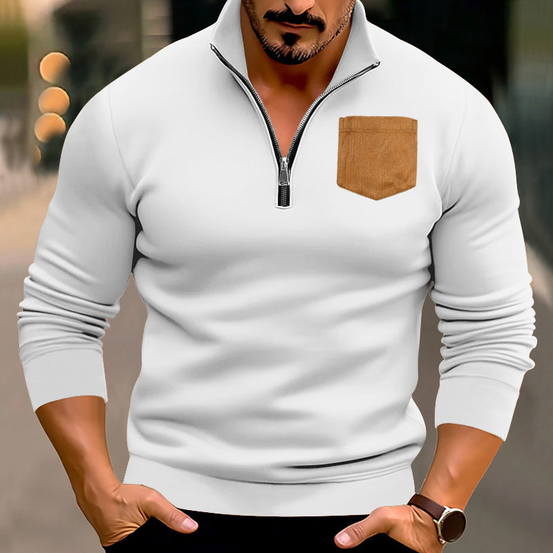 Herren sportlicher Pullover mit halbem Reißverschluss und kontrastierender Brusttasche Heidi-Mode
