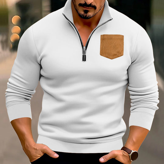 Herren sportlicher Pullover mit halbem Reißverschluss und kontrastierender Brusttasche Heidi-Mode