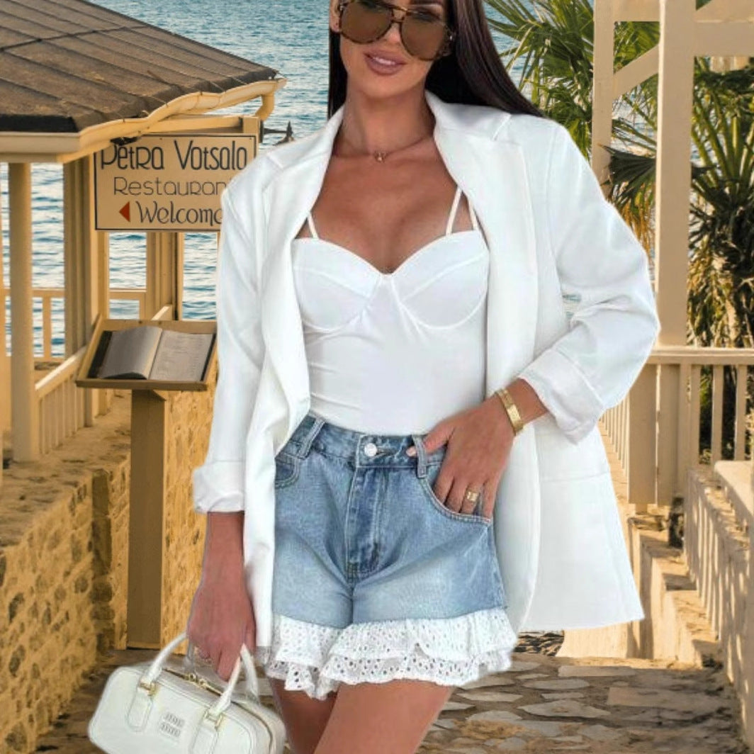 Damen Denim-Shorts mit verspieltem Rüschensaum und hohem Taillenbund Heidi-Mode