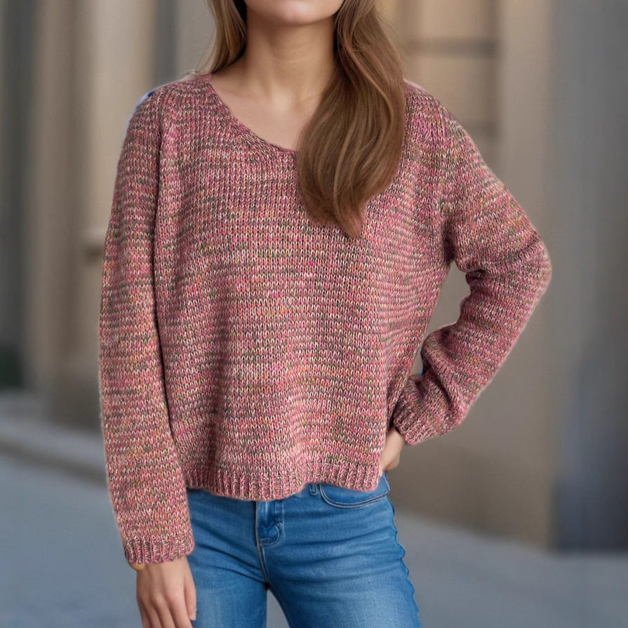 Damen lässiger V-Ausschnitt Pullover mit strukturiertem Maschenmuster Heidi-Mode