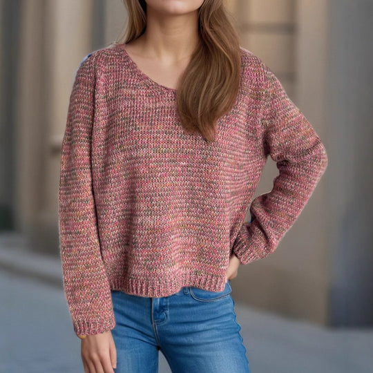 Damen lässiger V-Ausschnitt Pullover mit strukturiertem Maschenmuster Heidi-Mode