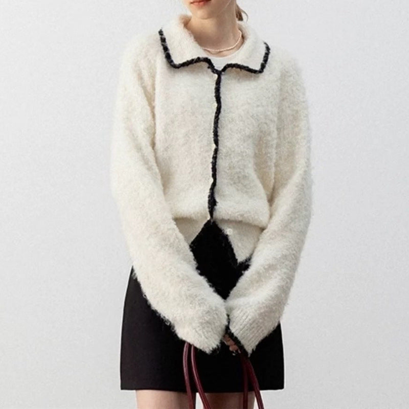 Damen kuscheliger Strickcardigan mit Kontrastdetails und kragen Heidi-Mode