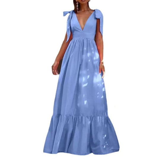 Damen Maxikleid mit tiefem V-Ausschnitt und verspielten Schleifen Heidi-Mode