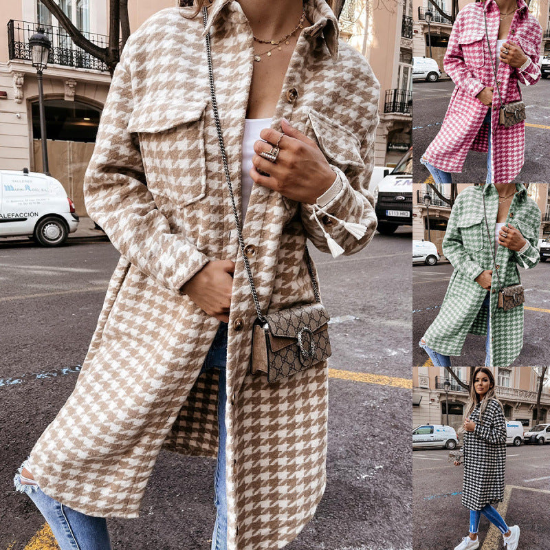 Damen Hahnentritt-Muster Oversized Hemdjacke Heidi-Mode