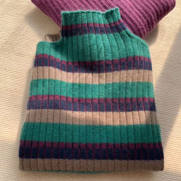 Damen Rippstrickpullover mit hohem Kragen und modischem Streifenmuster Heidi-Mode