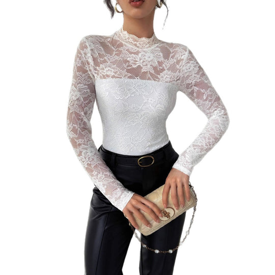 Damen Elegantes Spitzenoberteil mit hochgeschlossenem Kragen und langen Ärmeln Heidi-Mode