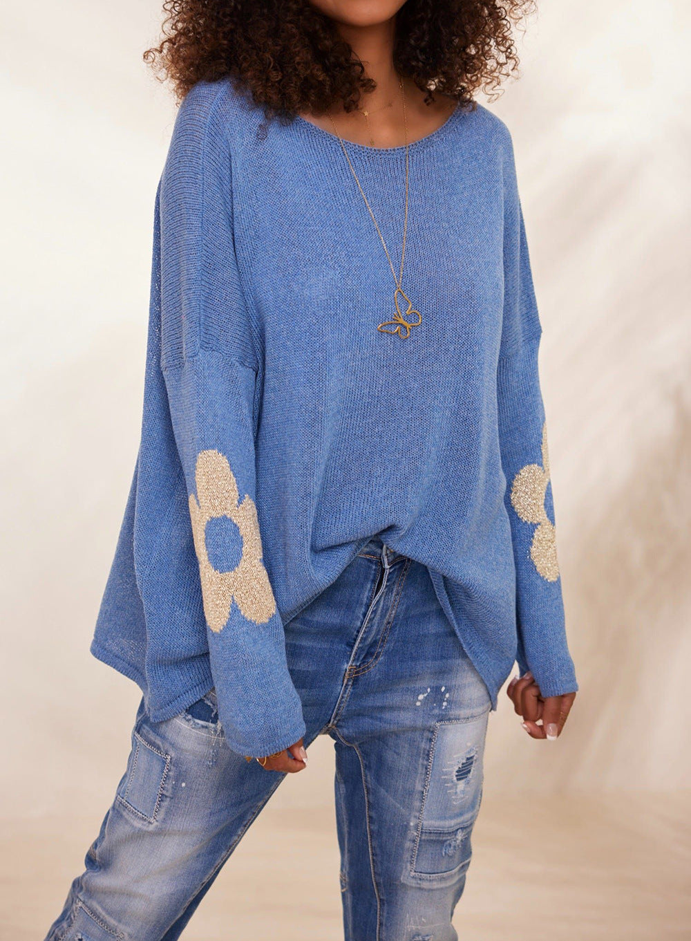Damen grob gestrickter Pullover mit floralem Design und weitem Schnitt Heidi-Mode