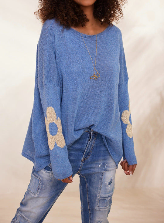 Damen grob gestrickter Pullover mit floralem Design und weitem Schnitt Heidi-Mode