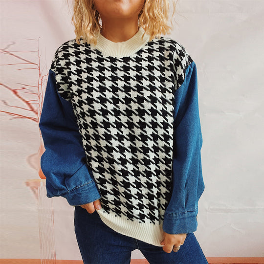 Damen Strickpullover im modernen Hahnentrittmuster mit lässigen Denim-Ärmeln Heidi-Mode