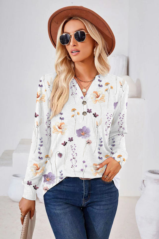 Damen Langarm-Bluse mit floralem Druck und Knopfleiste Heidi-Mode