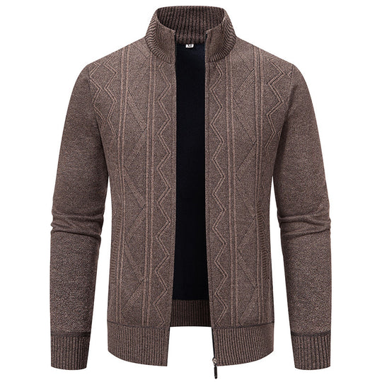 Herren elegante Strickjacke mit strukturiertem Zopfmuster und hohem Kragen Heidi-Mode