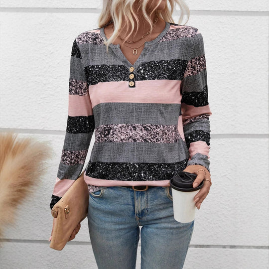 Damen Langarmshirt mit schimmernden Streifen und Knopfdetails Heidi-Mode