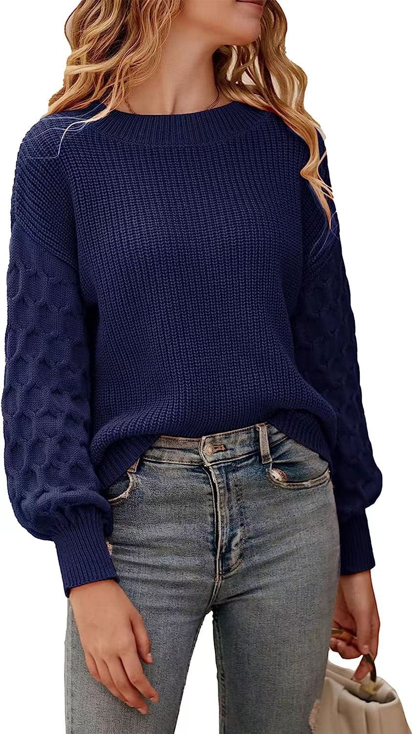 Damen modischer Strickpullover mit strukturierten Ärmeln und Rundhalsausschnitt Heidi-Mode