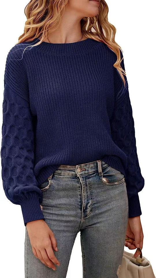 Damen modischer Strickpullover mit strukturierten Ärmeln und Rundhalsausschnitt Heidi-Mode