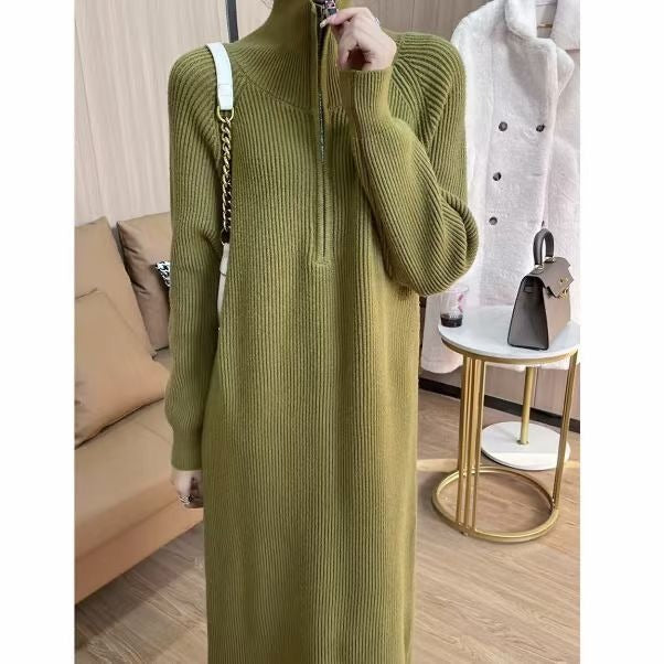 Damen Strickkleid mit Zipper und Rippenstruktur Heidi-Mode