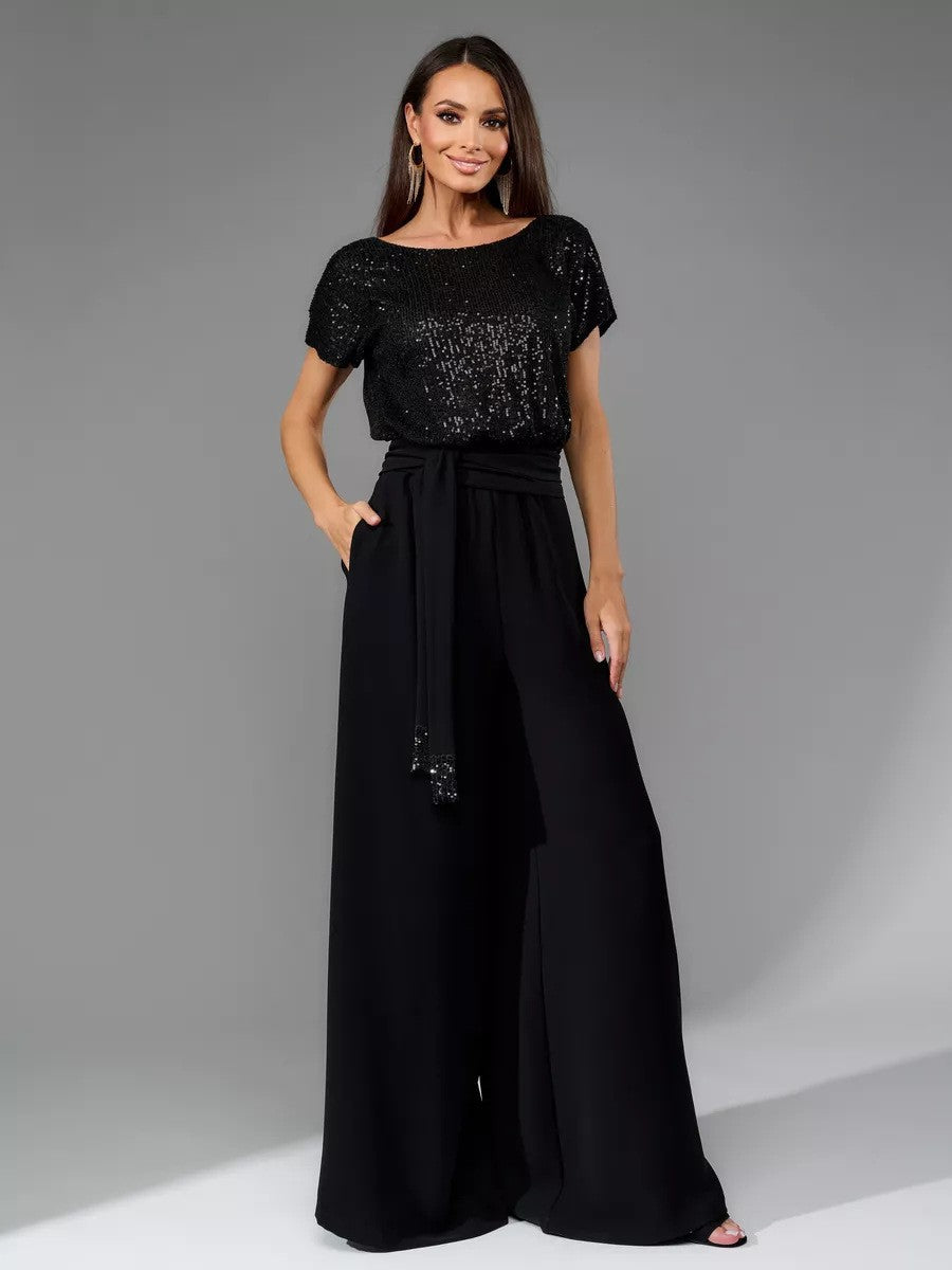 Damen Glitzernder Jumpsuit mit weitem Bein und Taillengürtel Heidi-Mode