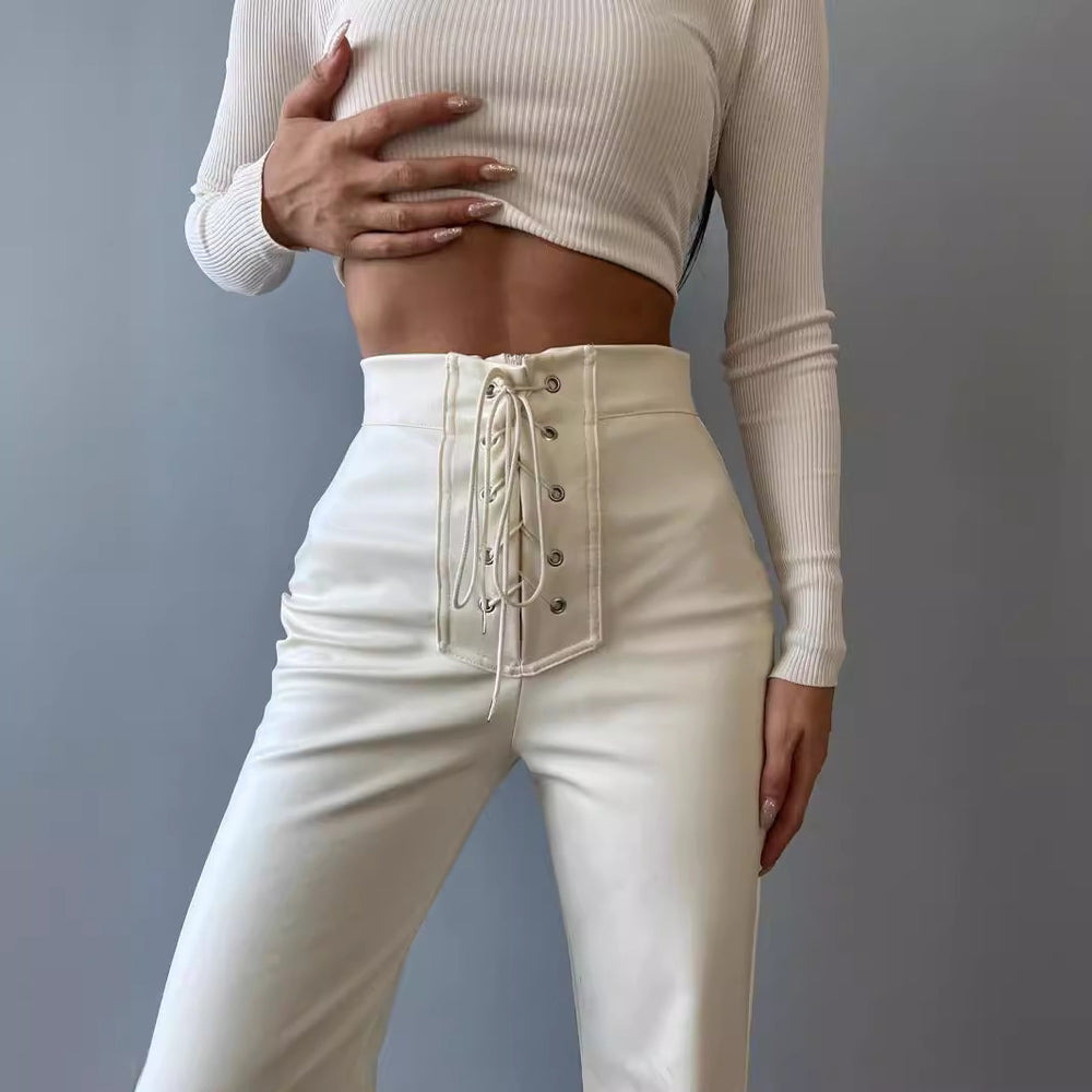 Damen Hochgeschnittene Schlaghose mit dekorativen Schnürdetails Heidi-Mode