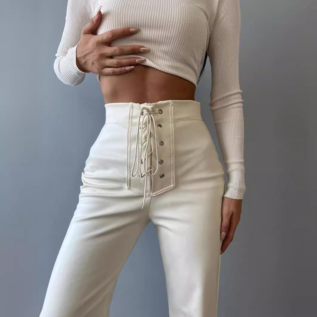 Damen Hochgeschnittene Schlaghose mit dekorativen Schnürdetails Heidi-Mode