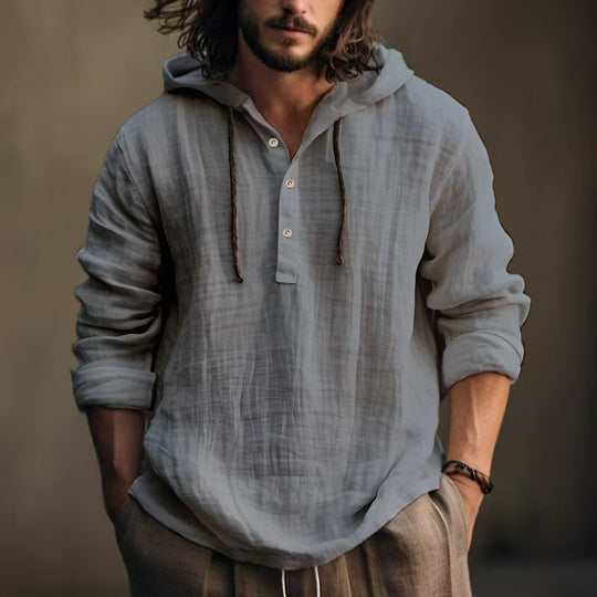 Herren lässige Kapuzenbluse mit Knopfleiste aus hochwertigem Leinen Heidi-Mode