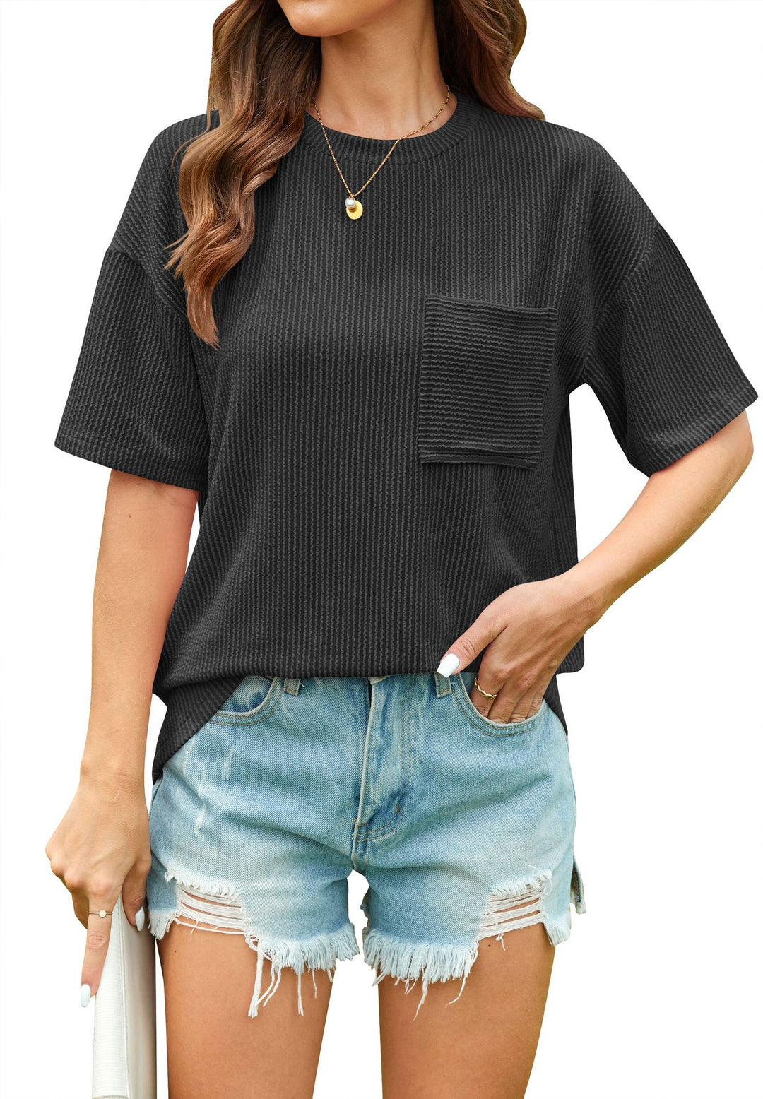 Damen lässiges T-Shirt mit strukturierter Textur und praktischer Brusttasche Heidi-Mode