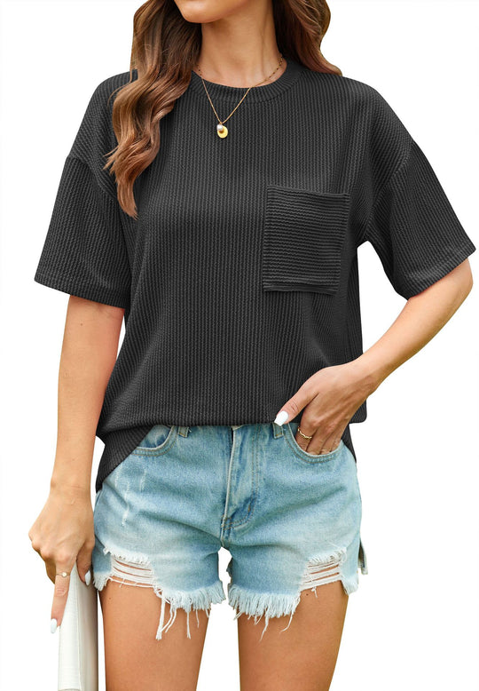 Damen lässiges T-Shirt mit strukturierter Textur und praktischer Brusttasche Heidi-Mode