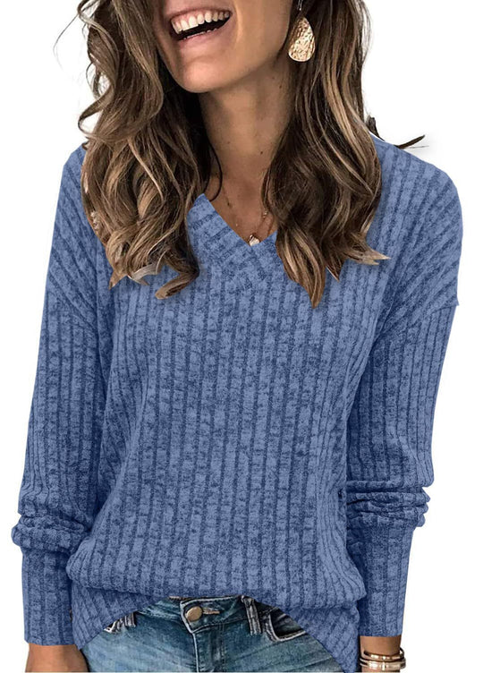 Damen V-Ausschnitt Pullover mit Rippstruktur Heidi-Mode