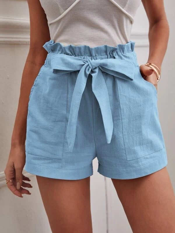 Damen elegante Leinen-Shorts mit Bindegürtel und breitem Bund Heidi-Mode