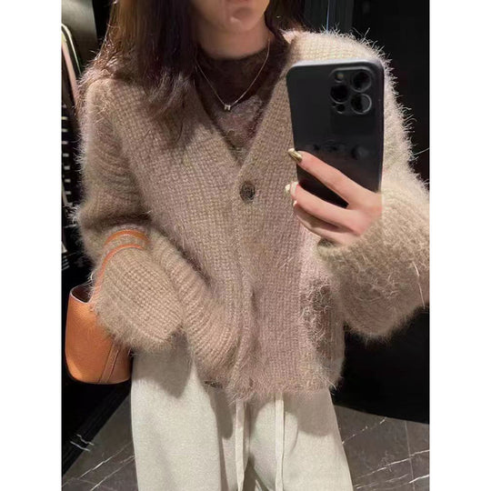 Damen Kuscheliger Strickcardigan mit großen Knöpfen Heidi-Mode