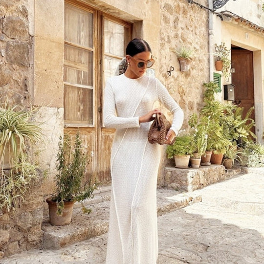Damen Strickmaxikleid mit strukturiertem Design und langem Ärmel Heidi-Mode